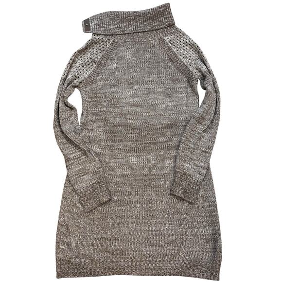 Prana Medium Tan Heather Sweater Dress ARCHER Fold Over Collar Snap Knit Pockets - Picture 2 of 8